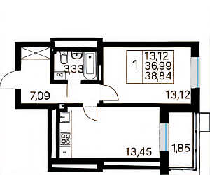 1 комнатная 38.84 м²