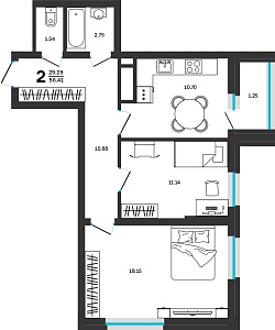 2 комнатная 56.41 м²
