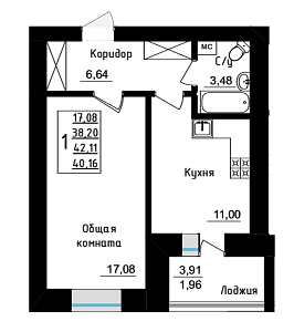 1 комнатная 42.11 м²