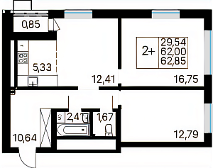 2+ комнатная 62.85 м²