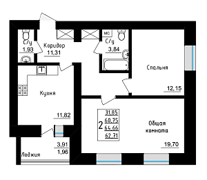 2 комнатная 64.66 м²