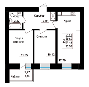 2 комнатная 54.46 м²