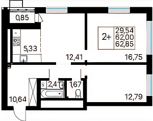 2+ комнатная 62.85 м²