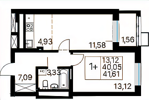 1+ комнатная 41.61 м²