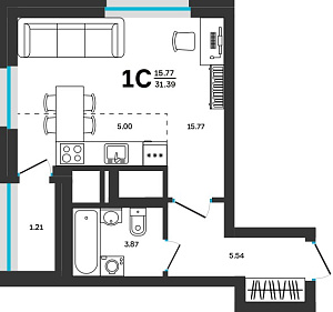 1 комнатная 31.39 м²