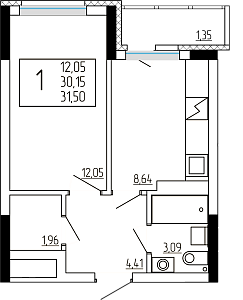 1 комнатная 31.50 м²