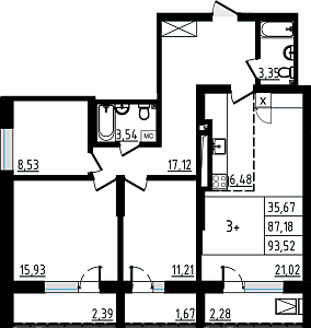 3+ комнатная 93.52 м²