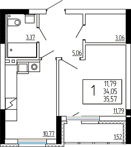 1 комнатная 35.57 м²
