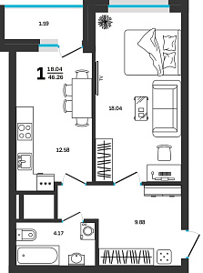1 комнатная 46.26 м²