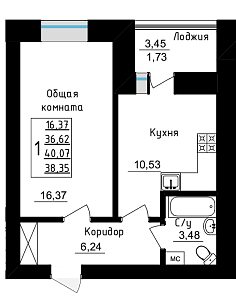 1 комнатная 40.07 м²