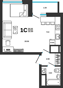 1 комнатная 35.59 м²
