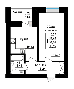1 комнатная 39.90 м²
